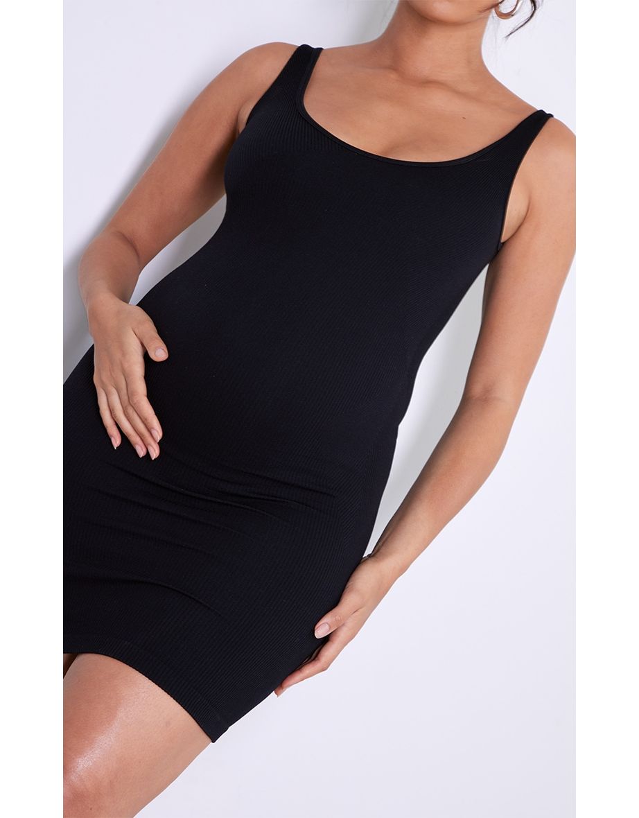 Maternity Black Strappy Contour Rib Mini Dress - 3
