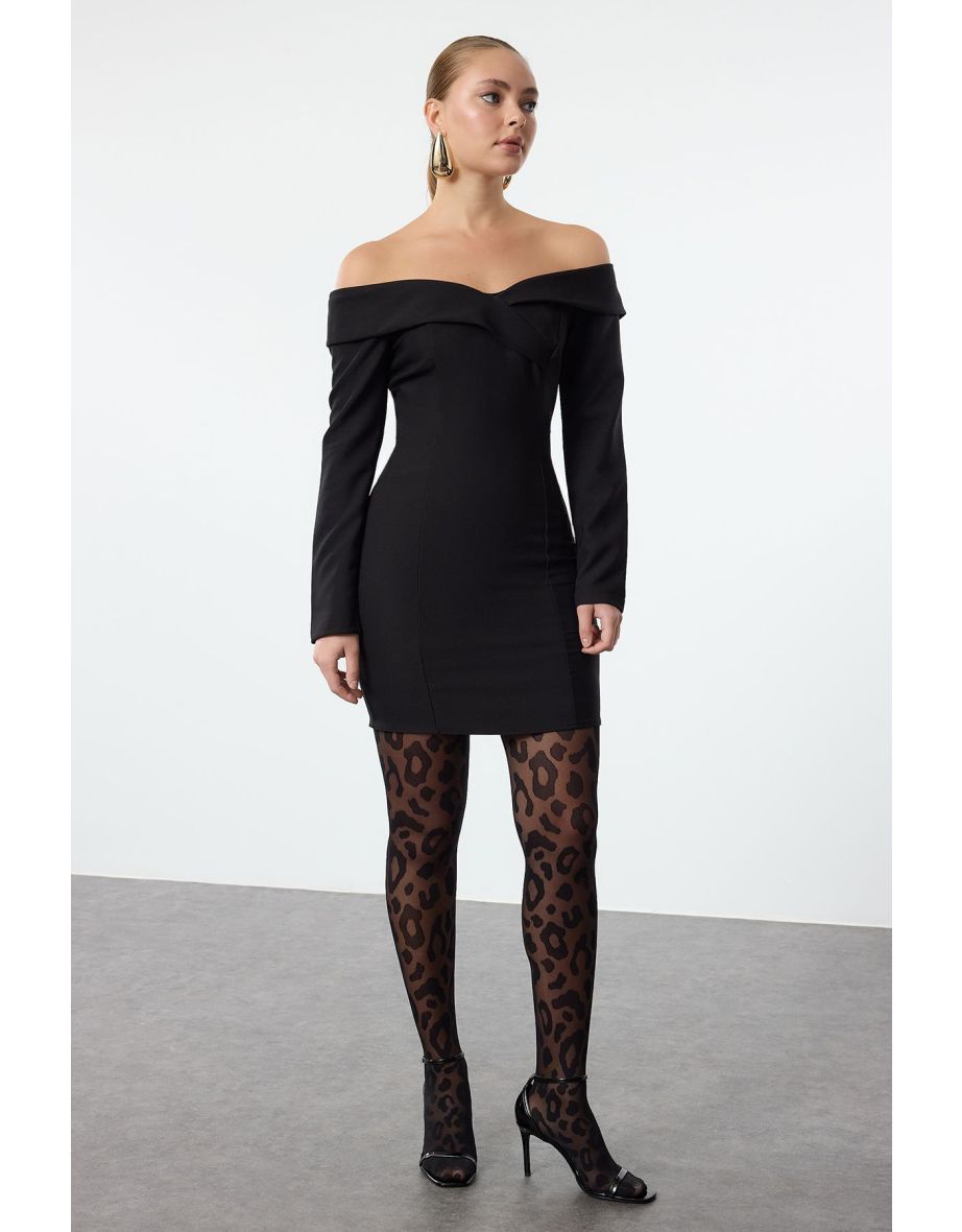 Black Body-Sit Carmen Collar Woven Short Dress