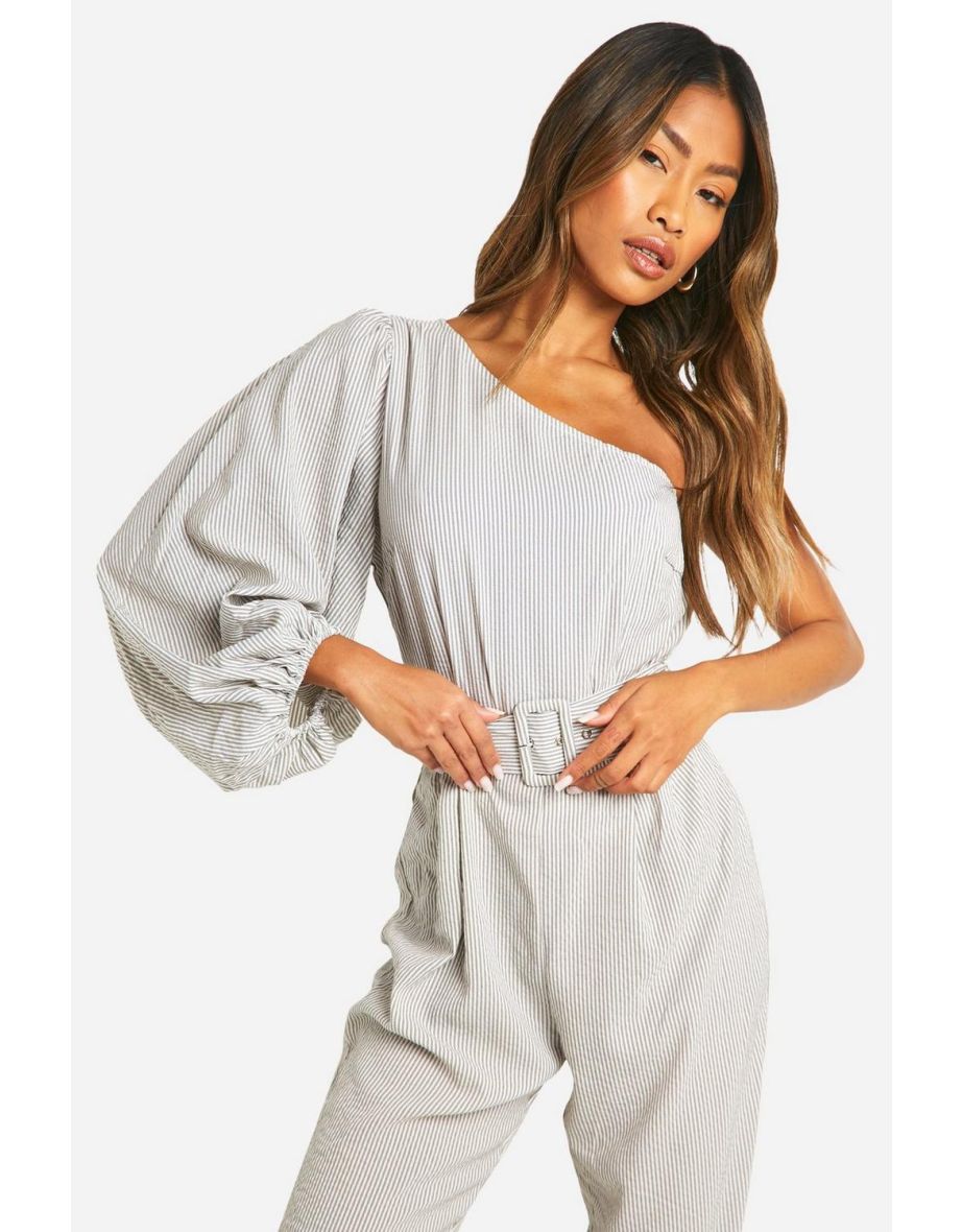 One Shoulder Textured Stripe Jumpsuit - grey - 3