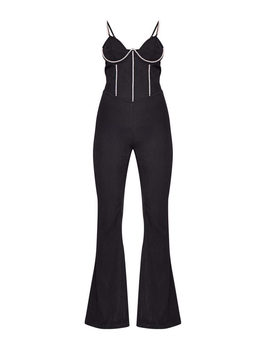 Black Diamante Corset Detail Flared Strappy Jumpsuit - 4