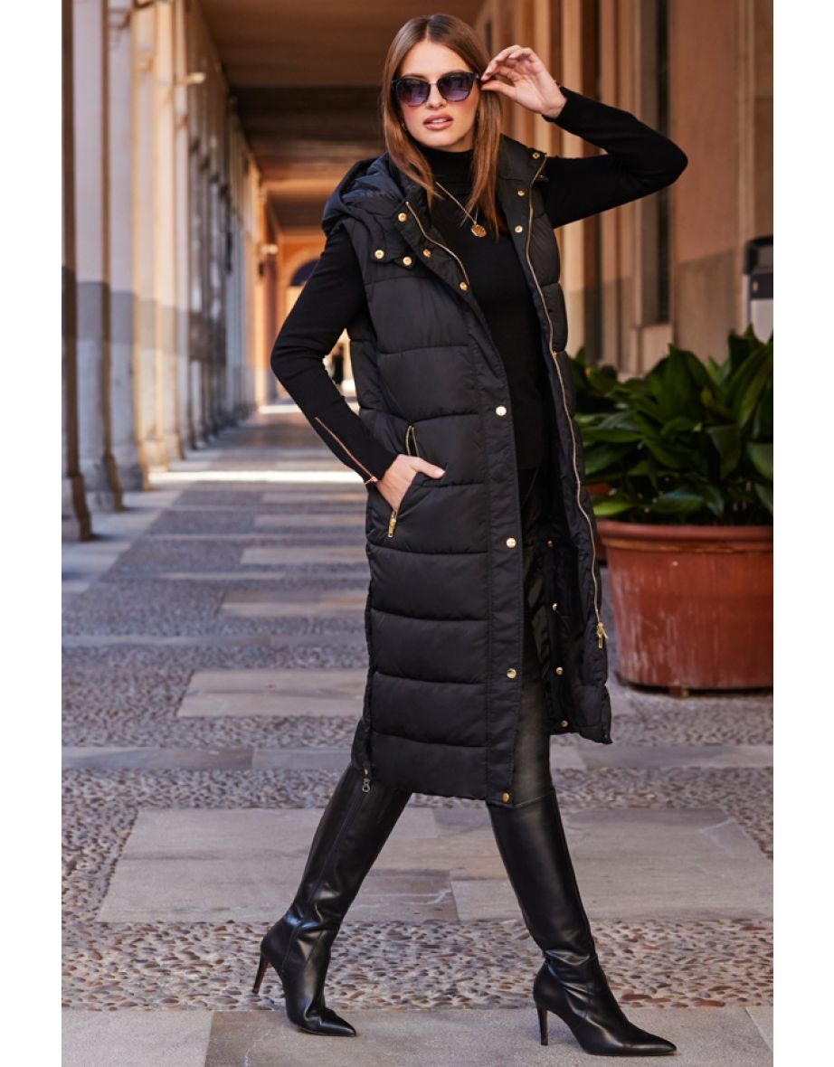 Black Longline Padded Hooded Gilet With Pockets