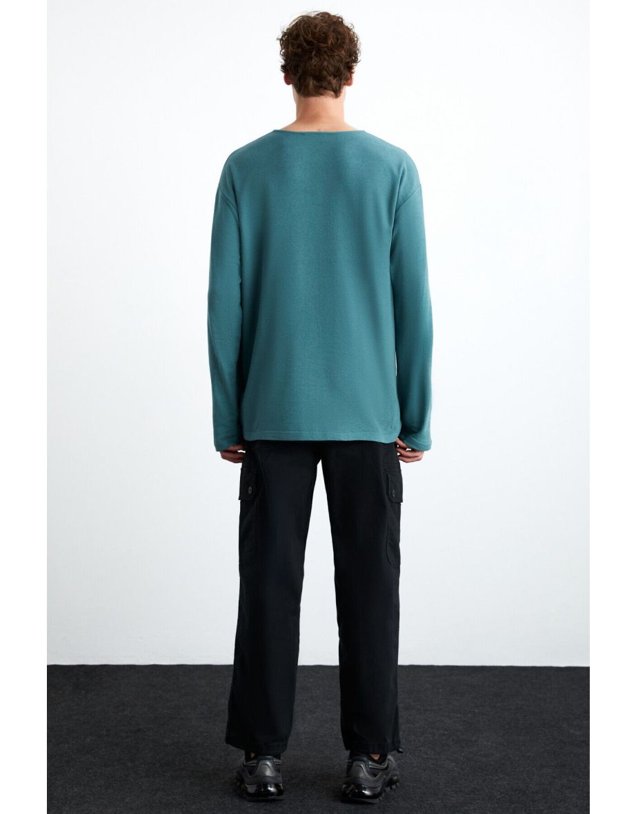 Lorenzo Men's Special Rustic Texture 100% Organic Cotton Button Detailed Regular Green Sweatshirt - 6