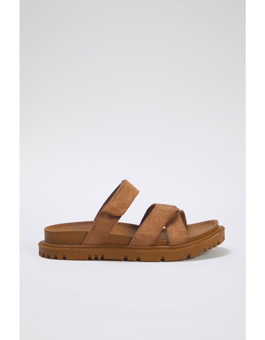 Tan Suede Velcro Banded Flat Women's Slippers