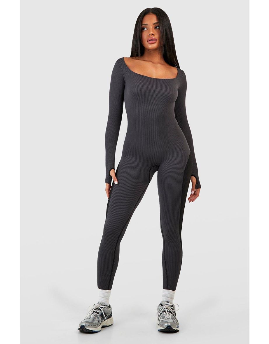 Seamless Contour Rib Square Neck Long Sleeve Unitard - black - 3