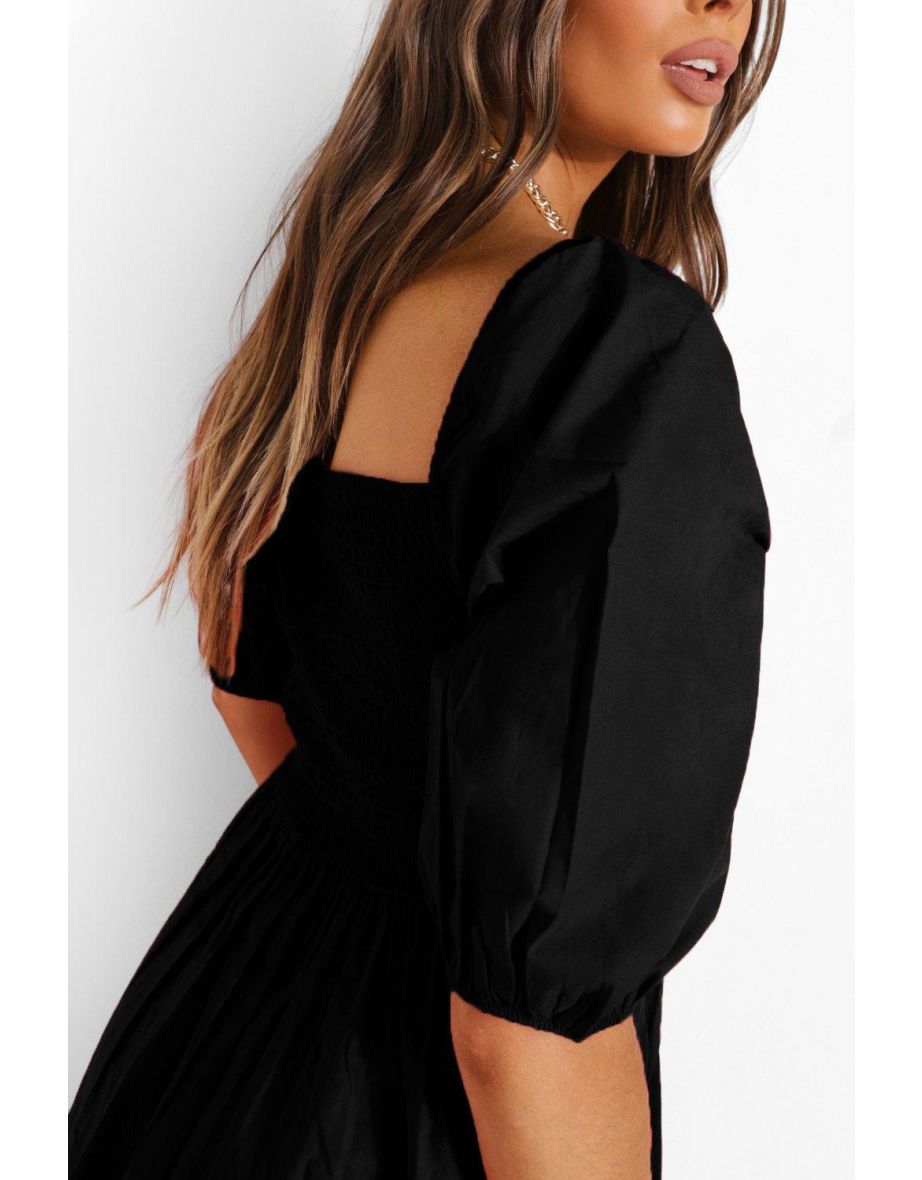 Cotton Shirred Skater Dress - black - 3