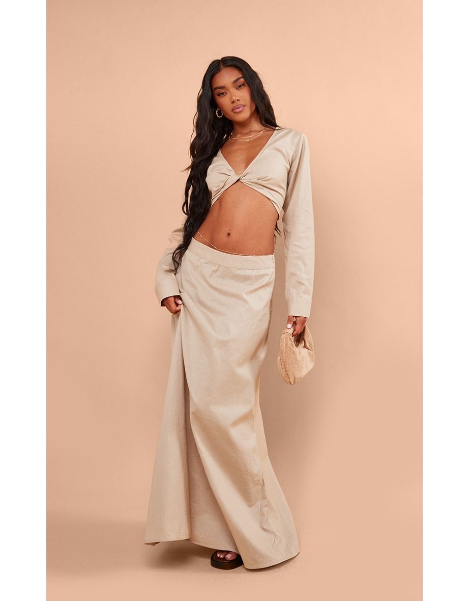 Taupe Linen Look Twist Front Cropped Shirt
