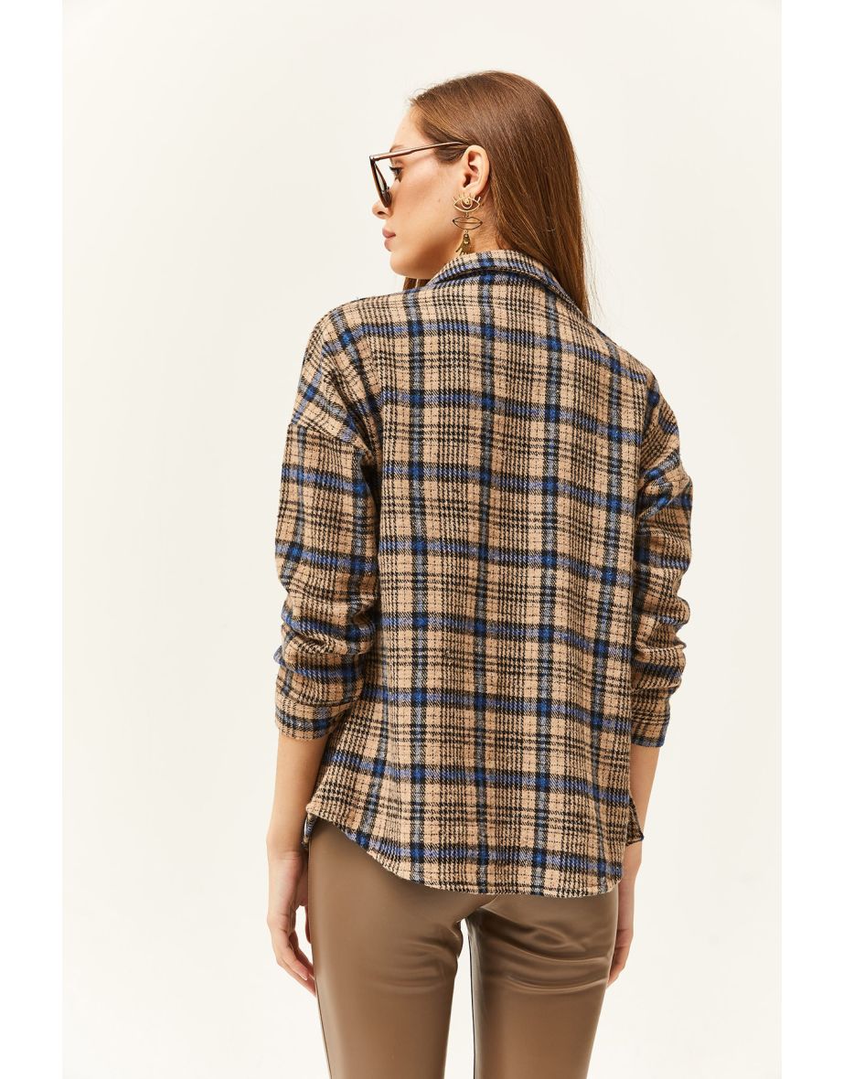 Women's Camel Navy Blue Plaid Lumberjack Shirt - 4