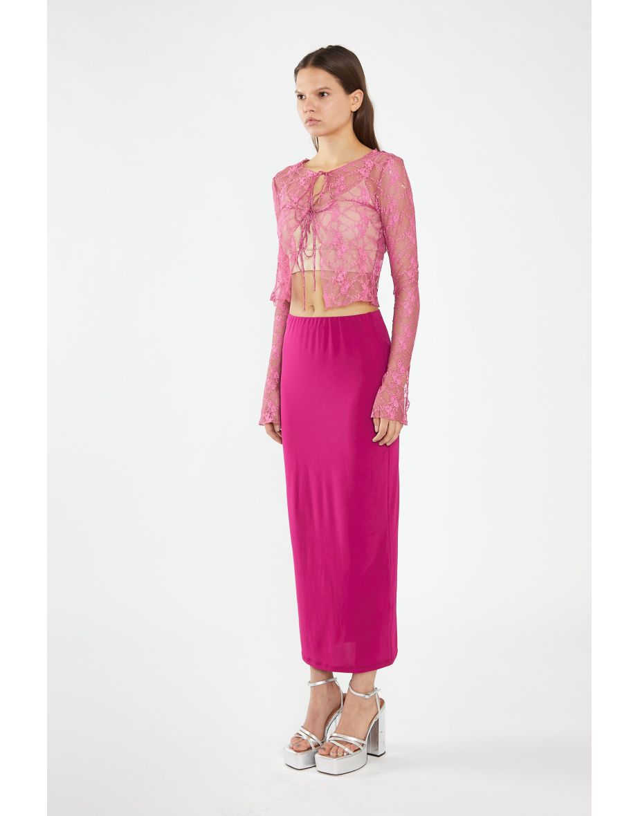 Fuchsia Lace Tie-Front Flare-Sleeve Top - 3