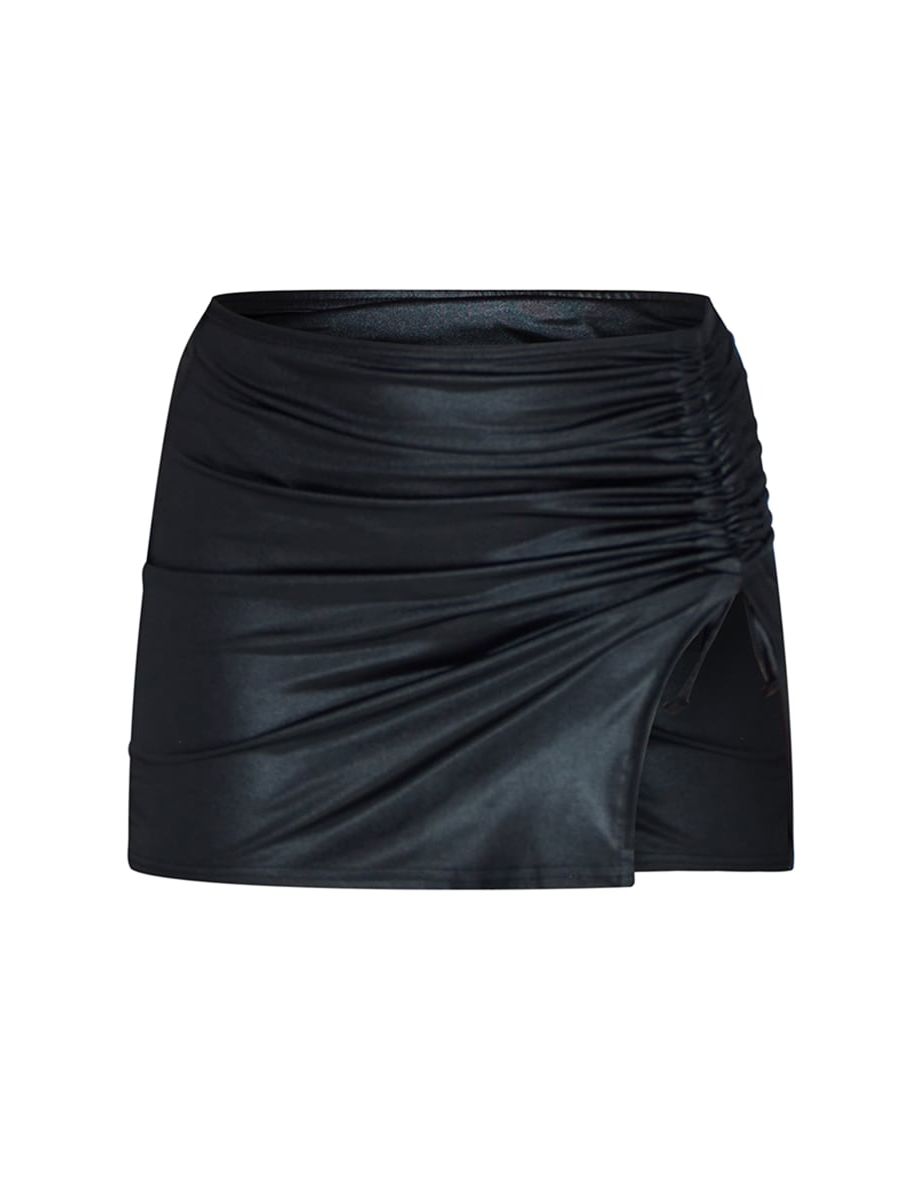 Black Coated Wet Look Ruched Tie Side Micro Mini Skirt - 5