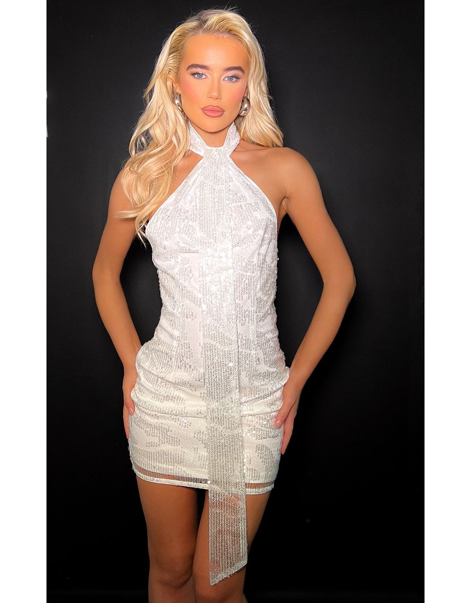 Grey Halter Neck Bodycon Mini Evening Dress