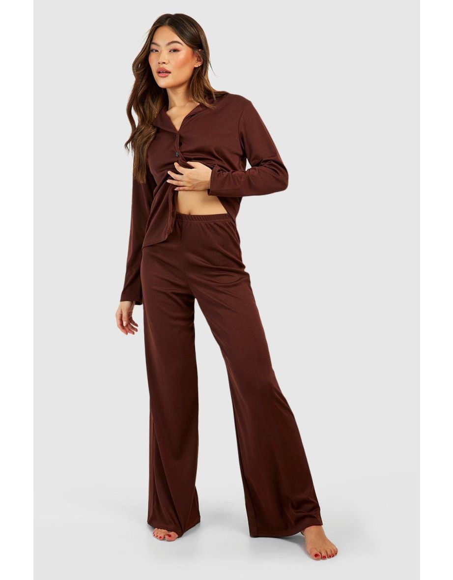 Rib Jersey Wide Leg Pj Trousers - chocolate