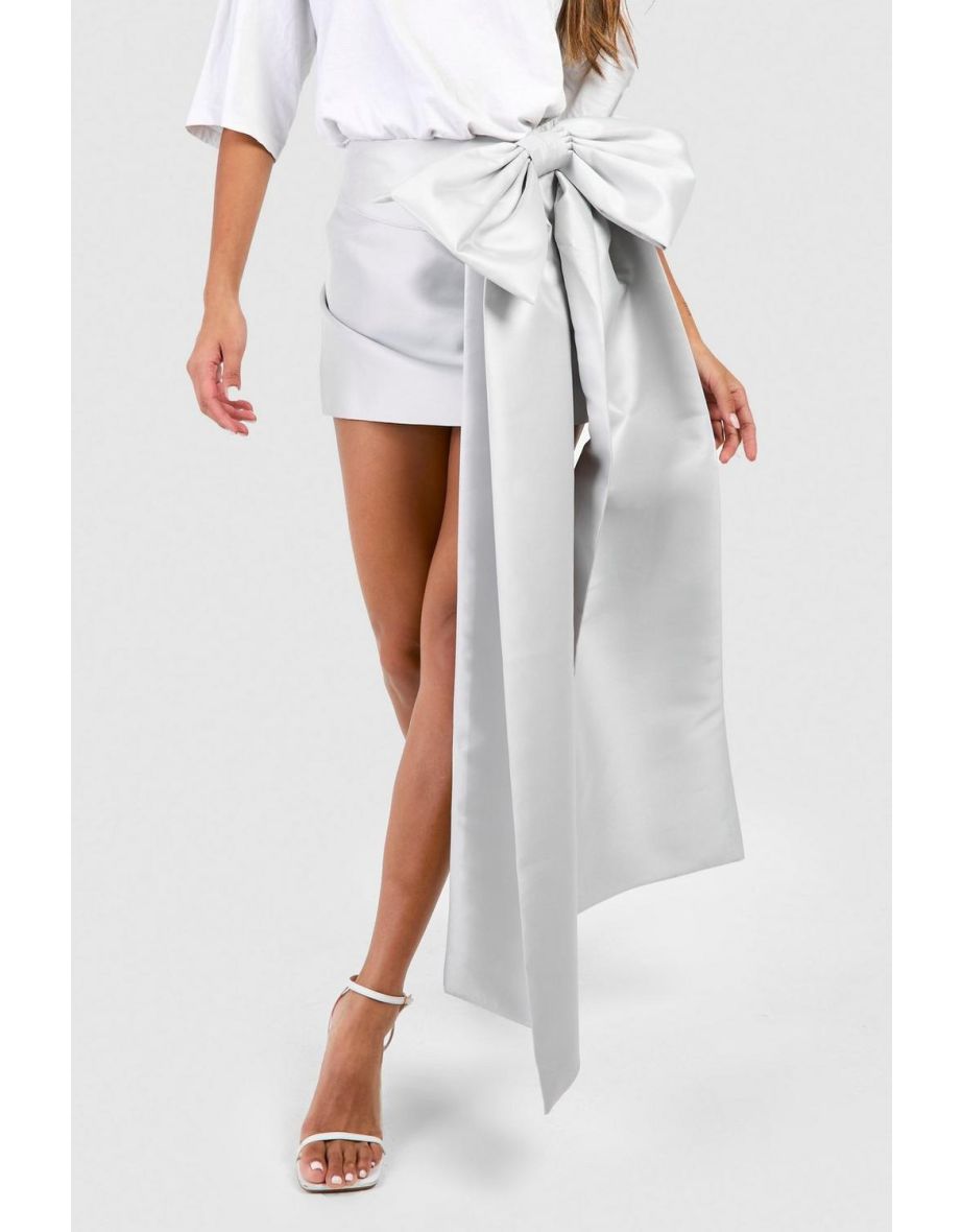 Premium Structured Bow Draped Satin Mini Skirt - silver - 3