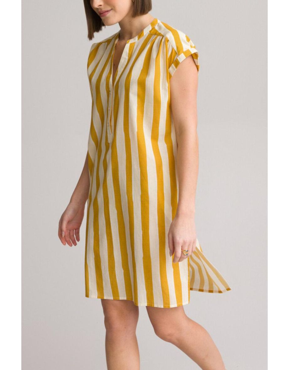 Striped Cotton Tunic with Grandad Collar and Short Sleeves