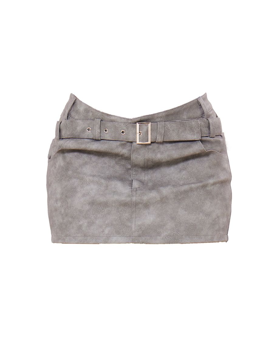 Charcoal Washed Faux Leather Buckle Detail Mini Skirt - 5