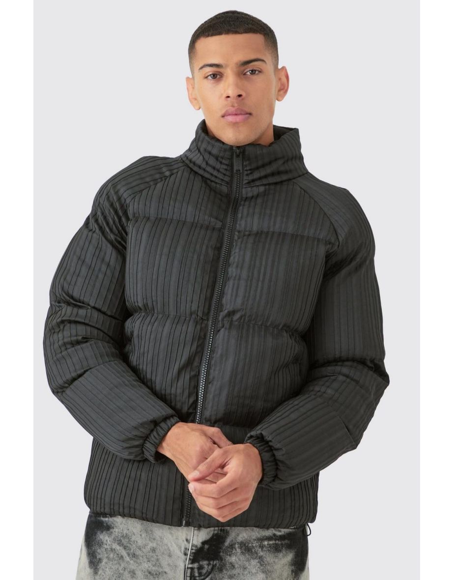Pleated Funnel Neck Puffer Jacket In Black - black - 2