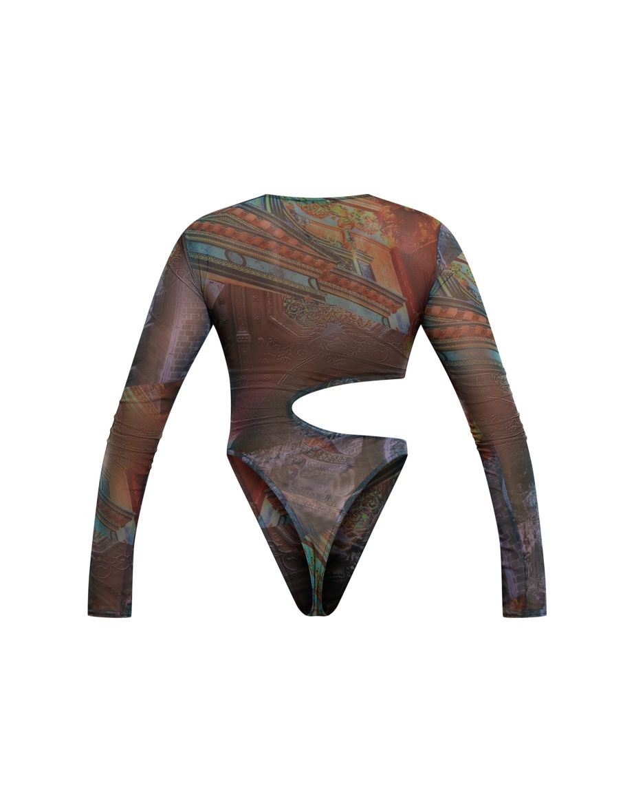 Black Abstract Print Mesh Cut Out Bodysuit - 5
