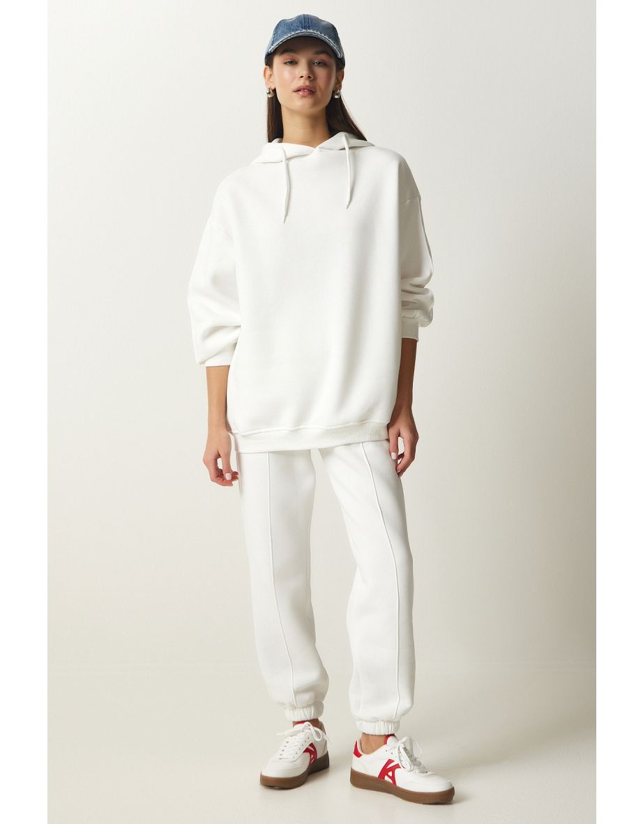 Women's White Hooded Shawl Knitted Tracksuit Set