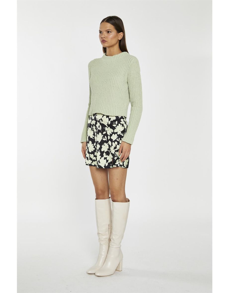 Soft-Lime Black-Floral Notch-Split Mini-Skirt - 4