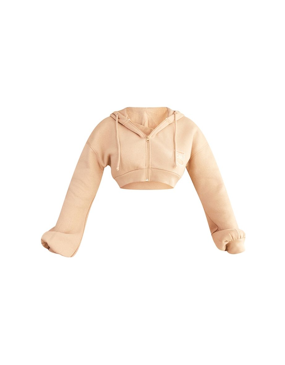Petite Sand Cropped Zip Up Slogan Detail Hoodie - 4