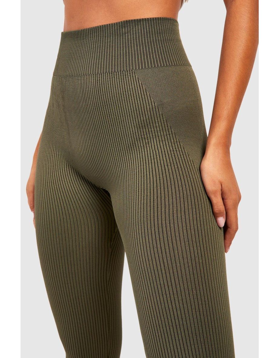 Contrast Seamless Contour Rib Legging - khaki - 3