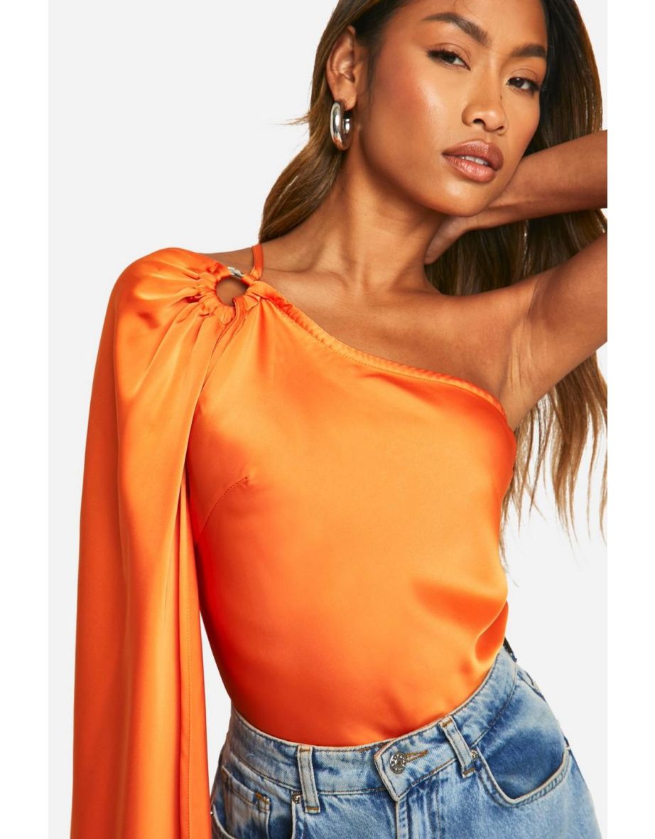 Satin Gold Trim One Shoulder Bodysuit - orange - 3