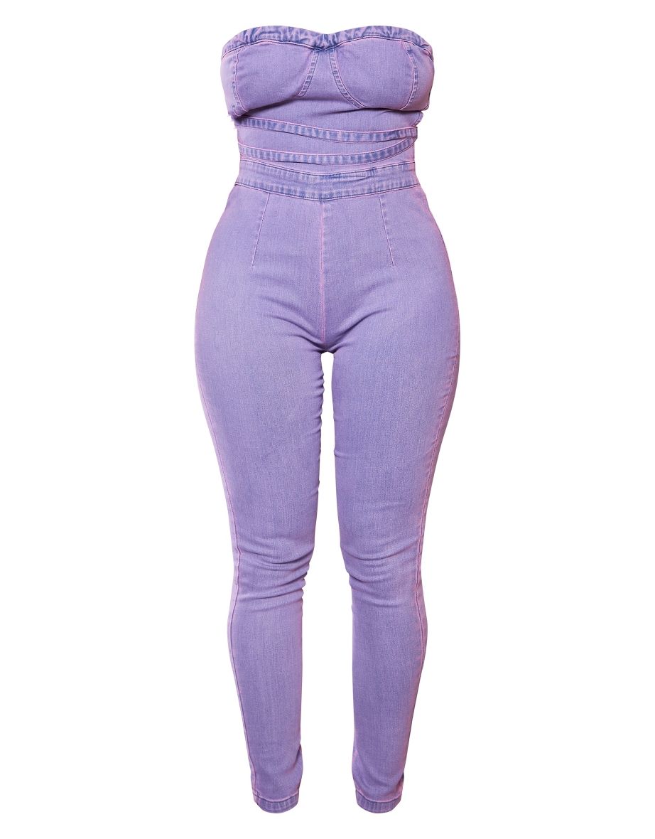 Shape Purple Acid Wash Cup Detail Tie Back Denim Jumpsuit - 4