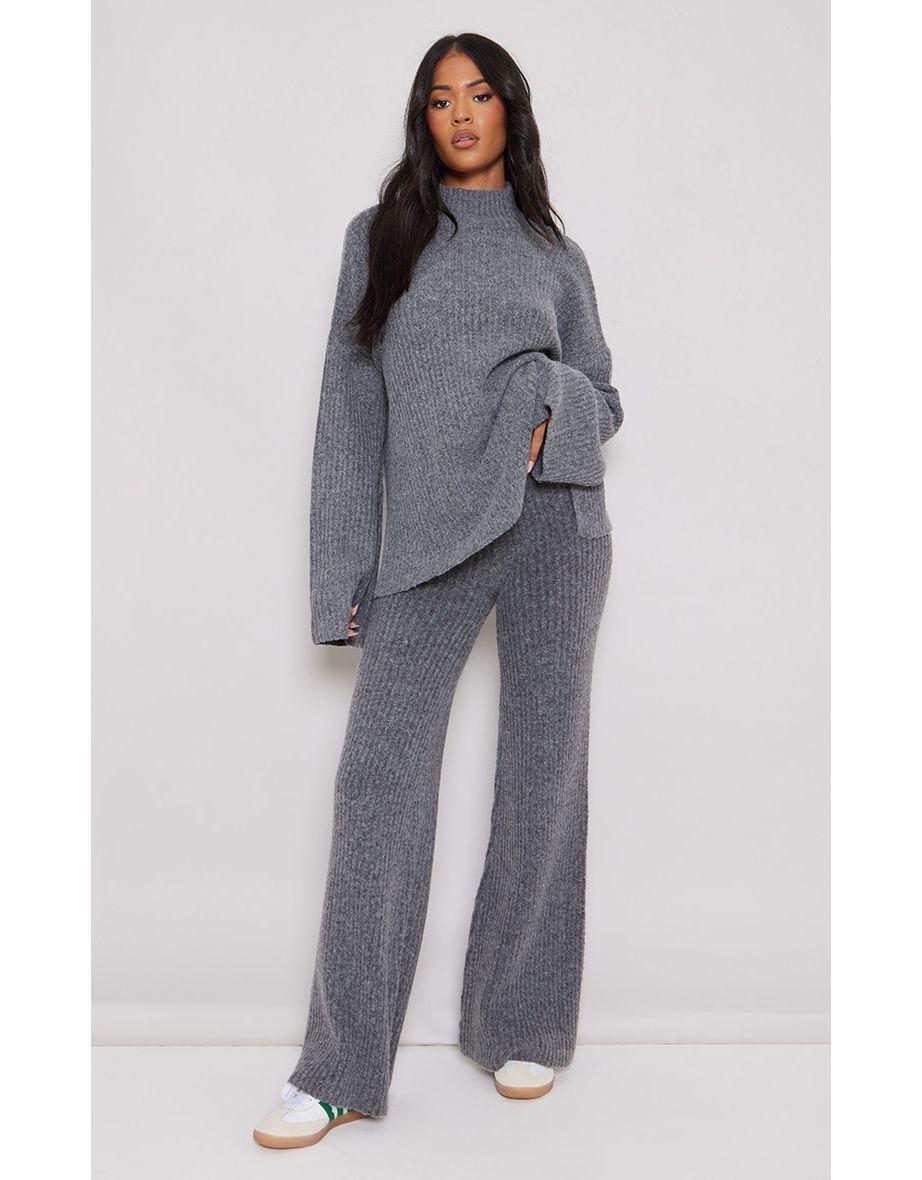 Tall Charcoal Luxe Rib Knit Wide Leg Trousers