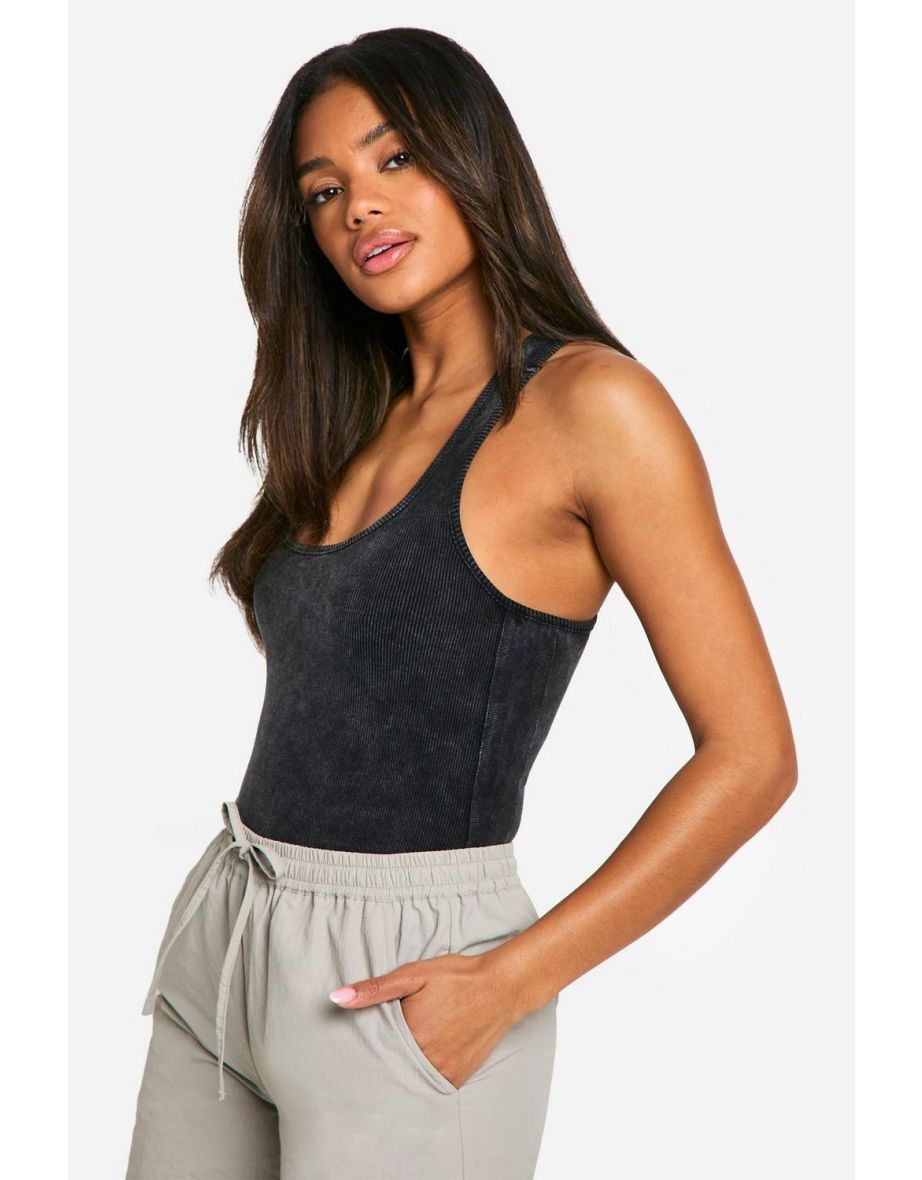 Acid Wash Rib Side Panel Vest Top - charcoal