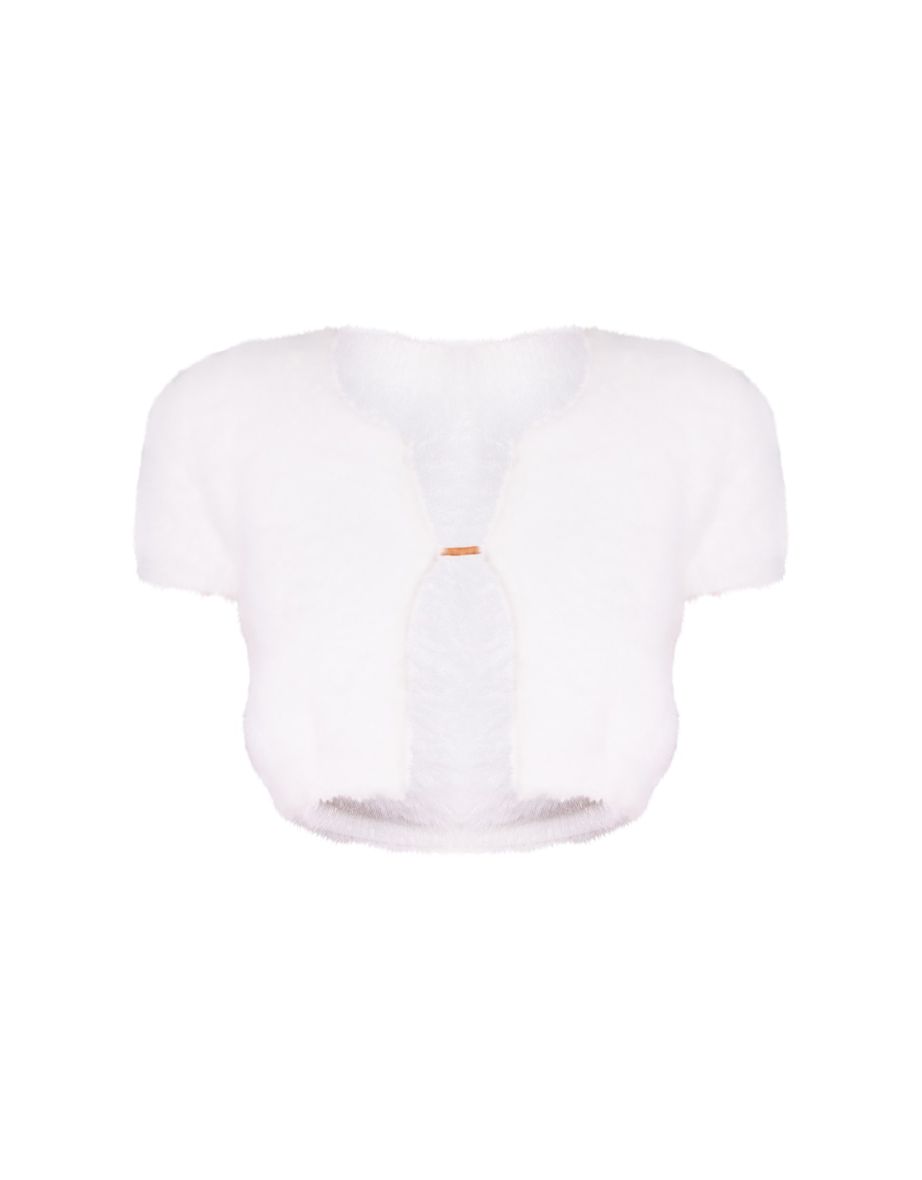 Petite White Fluffy Knit Short Sleeve Crop Top With Hardware Detail - 4