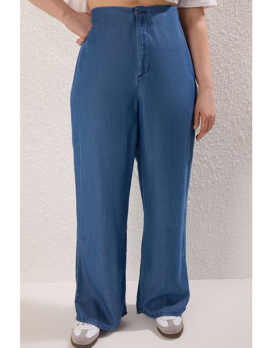 Dark Blue High Waist Wide Leg Summer Tencel Plus Size Wide Leg Jeans - 7