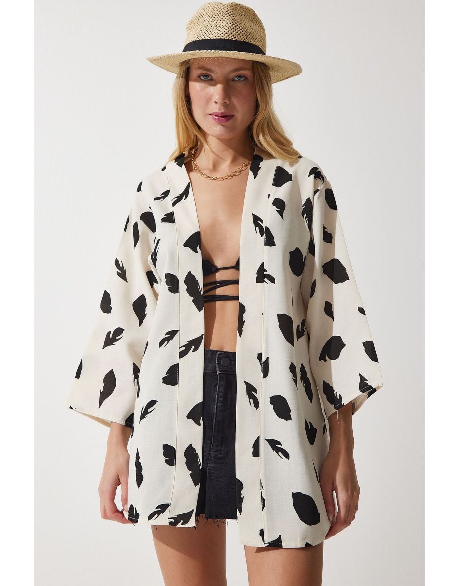 Women's Beige Black Patterned Linen Viscose Kimono