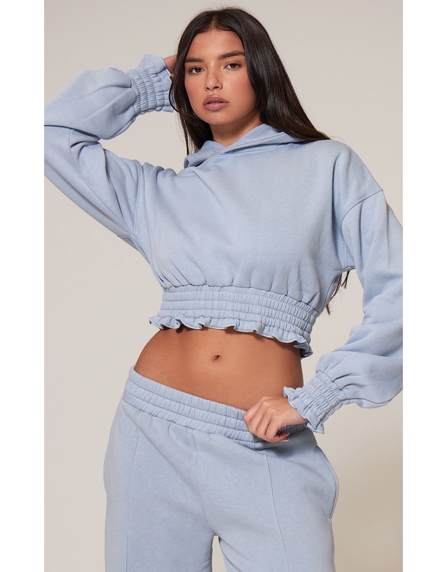 Baby Blue Frill Hem Cropped Hoodie