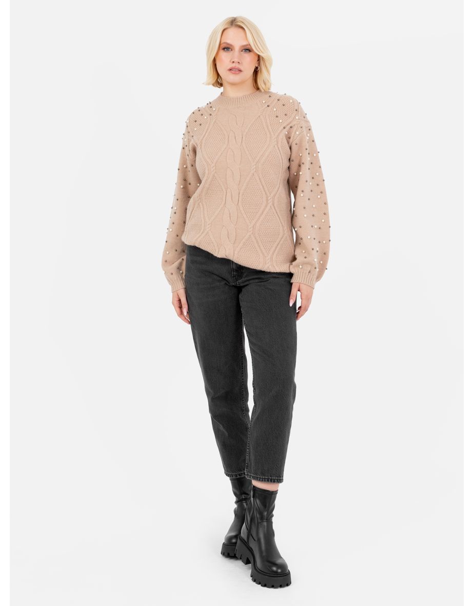 Lovedrobe Camel Cable Knit Longline Jumper with Pearl Embellishment