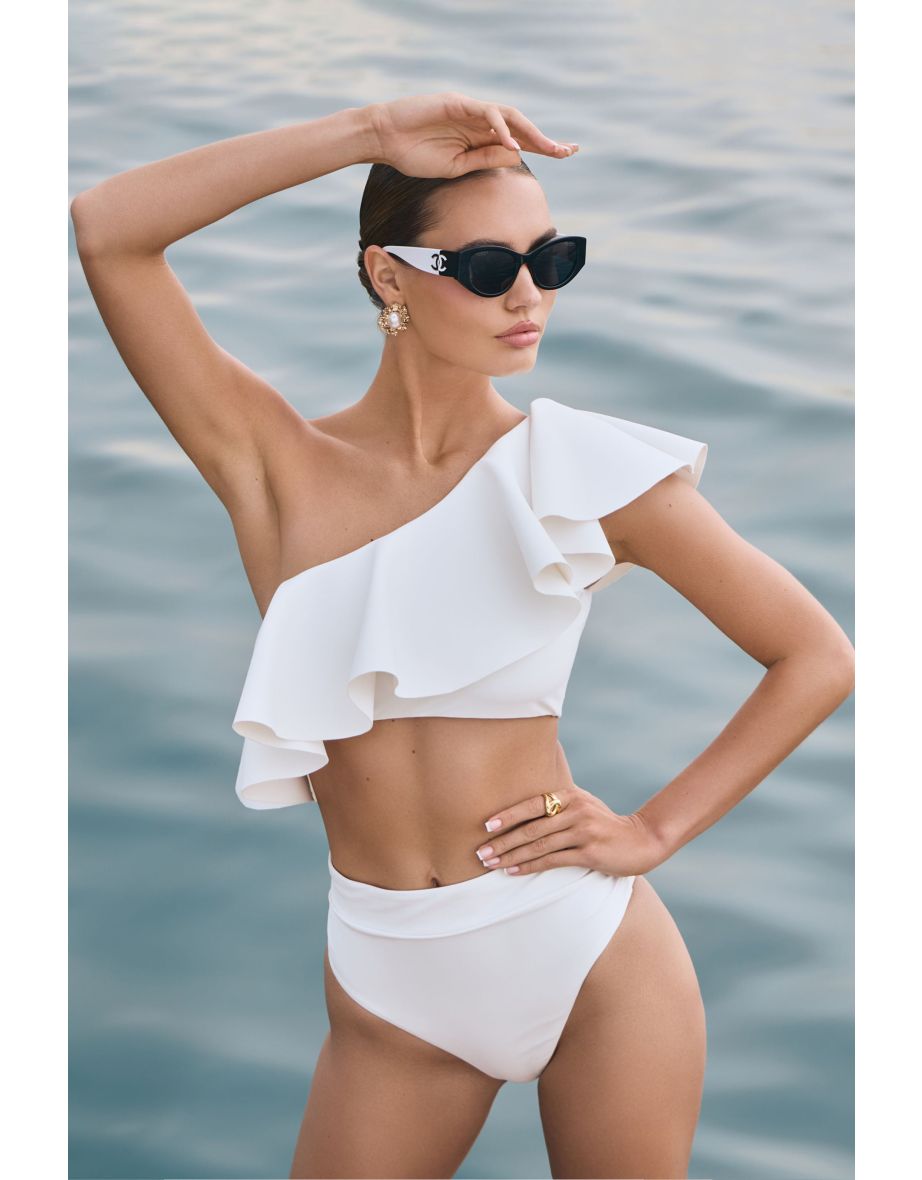 Skiathos | White One-Shoulder Ruffled Bikini Top