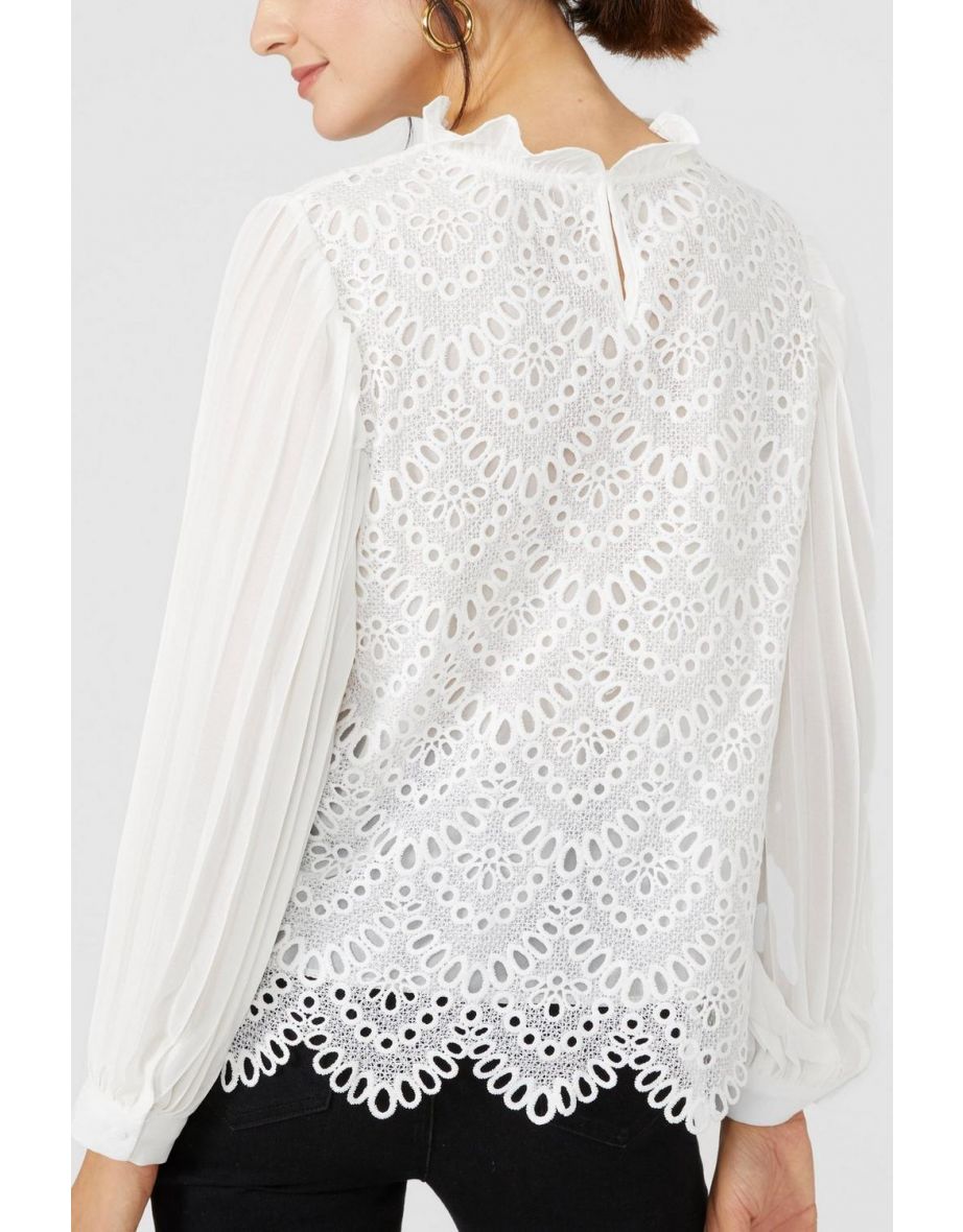 Lace Front Scallop Blouse - white - 3