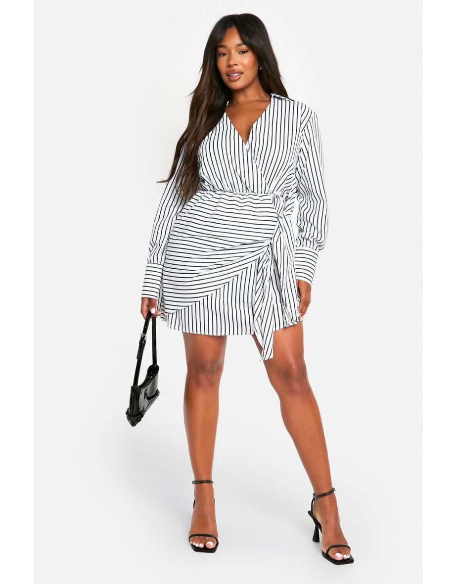 Plus Woven Stripe Wrap Shirt Dress - white