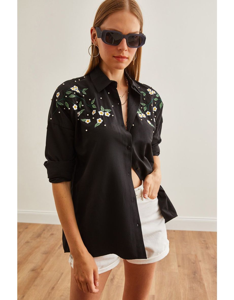 Women's Daisy Black Embroidery Detailed Oversize Woven Shirt - 5