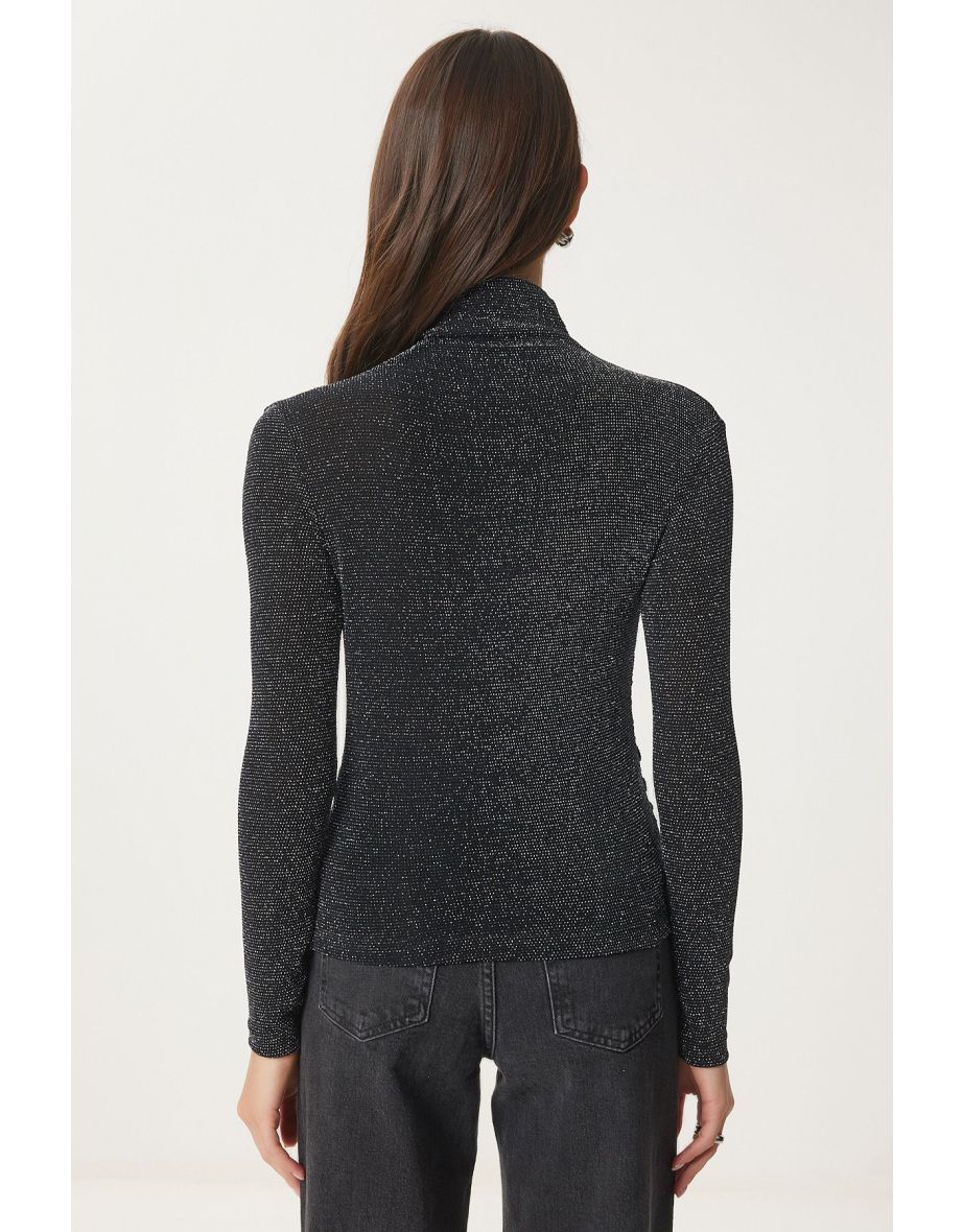 Women's Black Gray Drawstring Detail Stand Collar Sandy Top - 7
