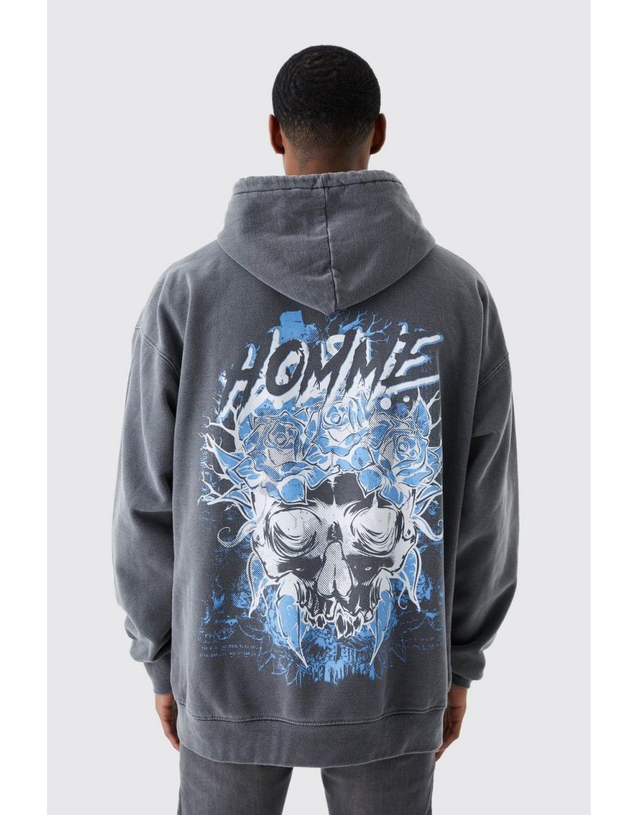 Oversized Homme Skeleton Wash Graphic Hoodie - white