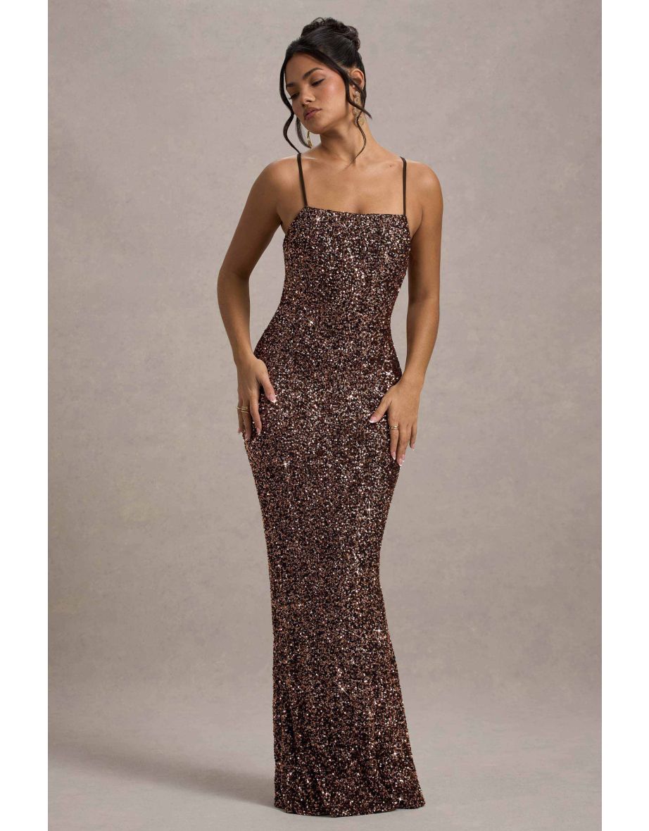 Cosmic | Bronze Sequin Square-Neck Strappy Maxi Dress