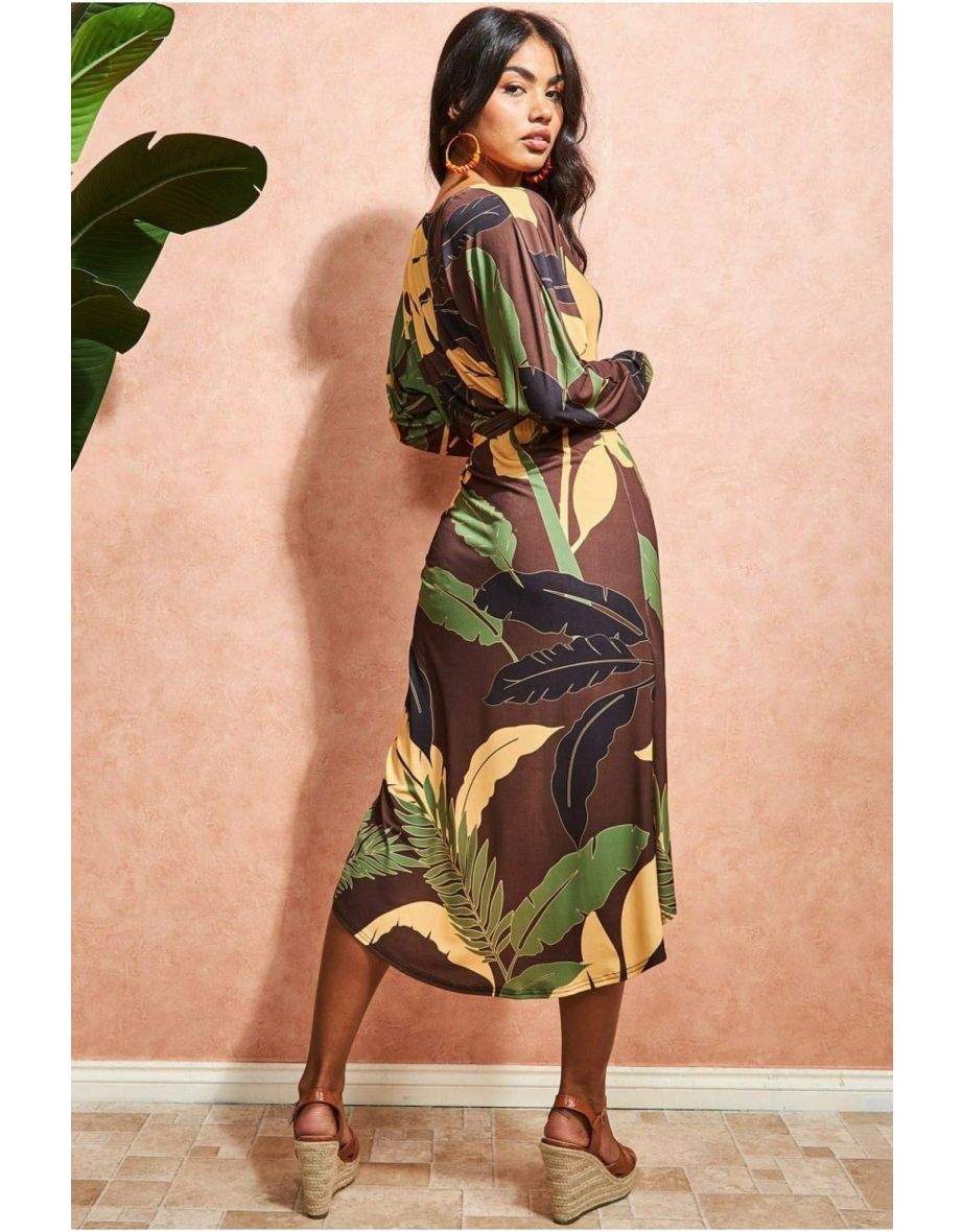 Goddiva Printed Batwing Wrap Midi Dress - Brown - 1