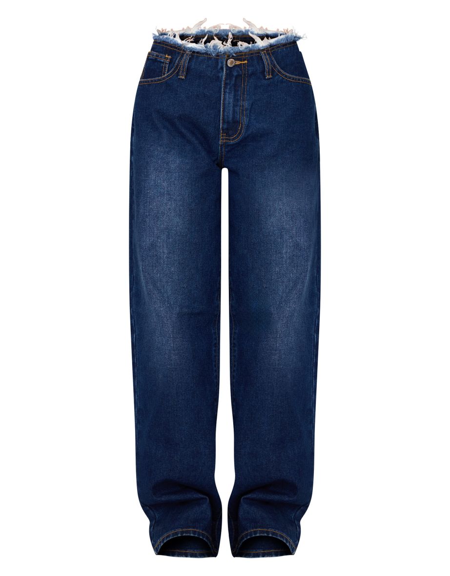 Petite Indigo Fray Waist Low Rise Straight Leg Jeans - 4