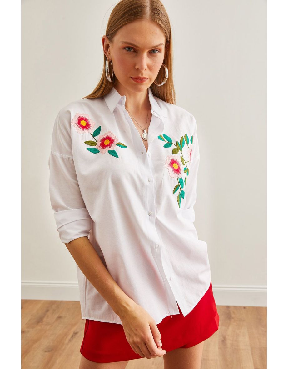 Women's Azalea White Embroidery Detailed Oversize Woven Shirt - 6
