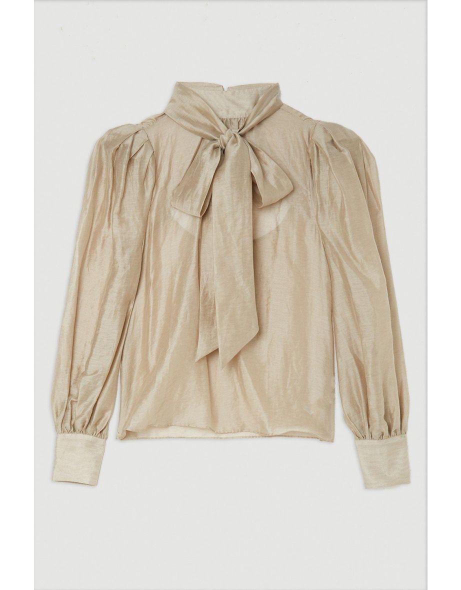 Linen Blend Organdie Woven Bow Blouse - 3