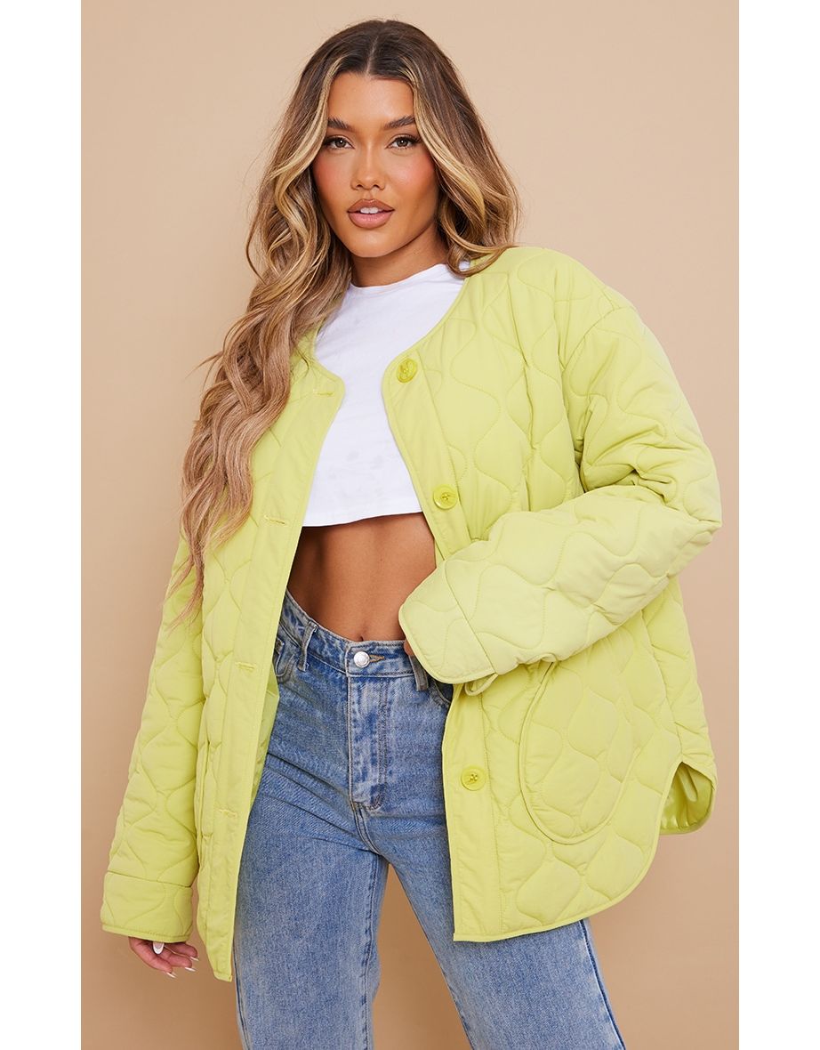 Lime Wave Quilted Collarless Puffer