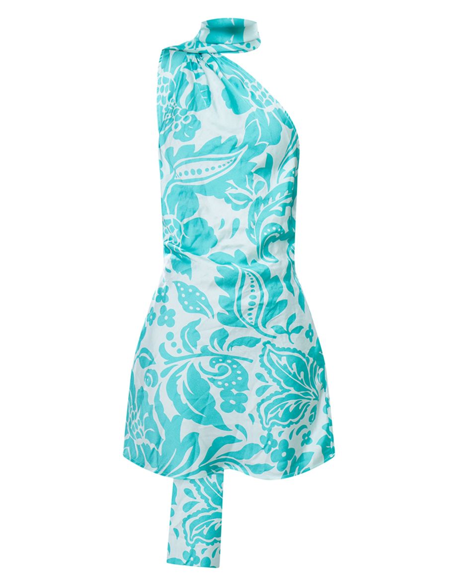 Turquoise Floral Printed Satin Scarf Detail Bodycon Dress - 4