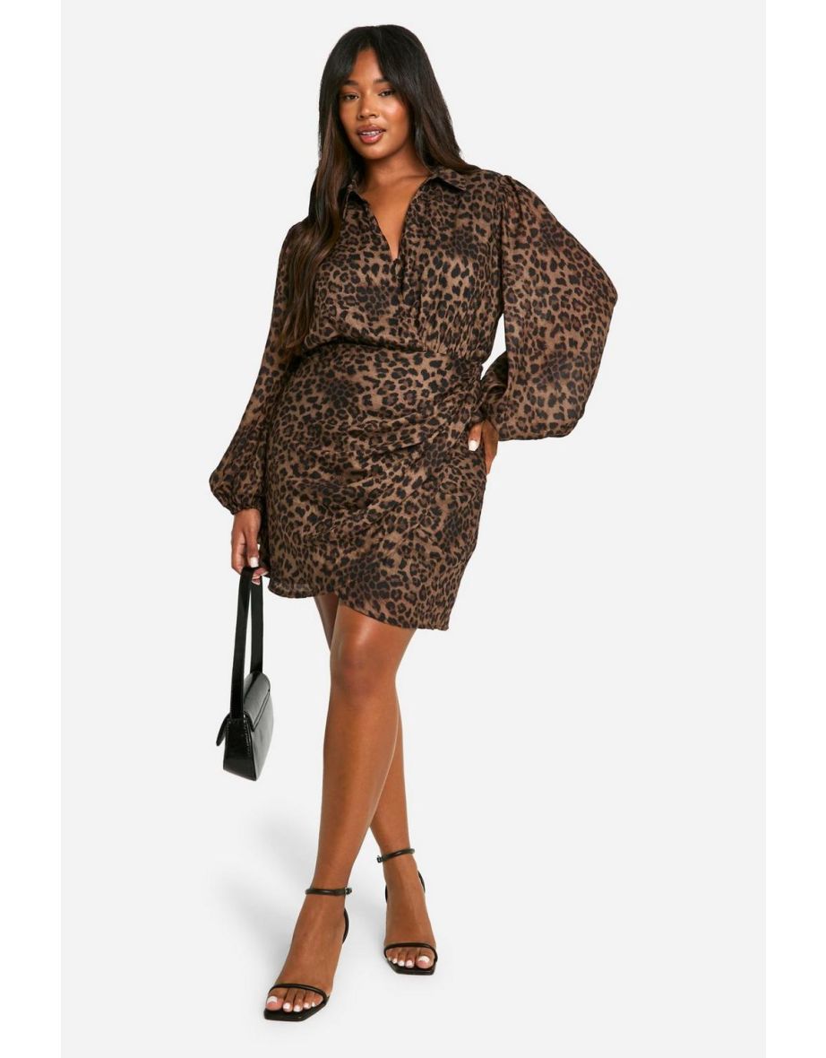 Plus Leopard Print Blouson Sleeve Wrap Dress - leopard