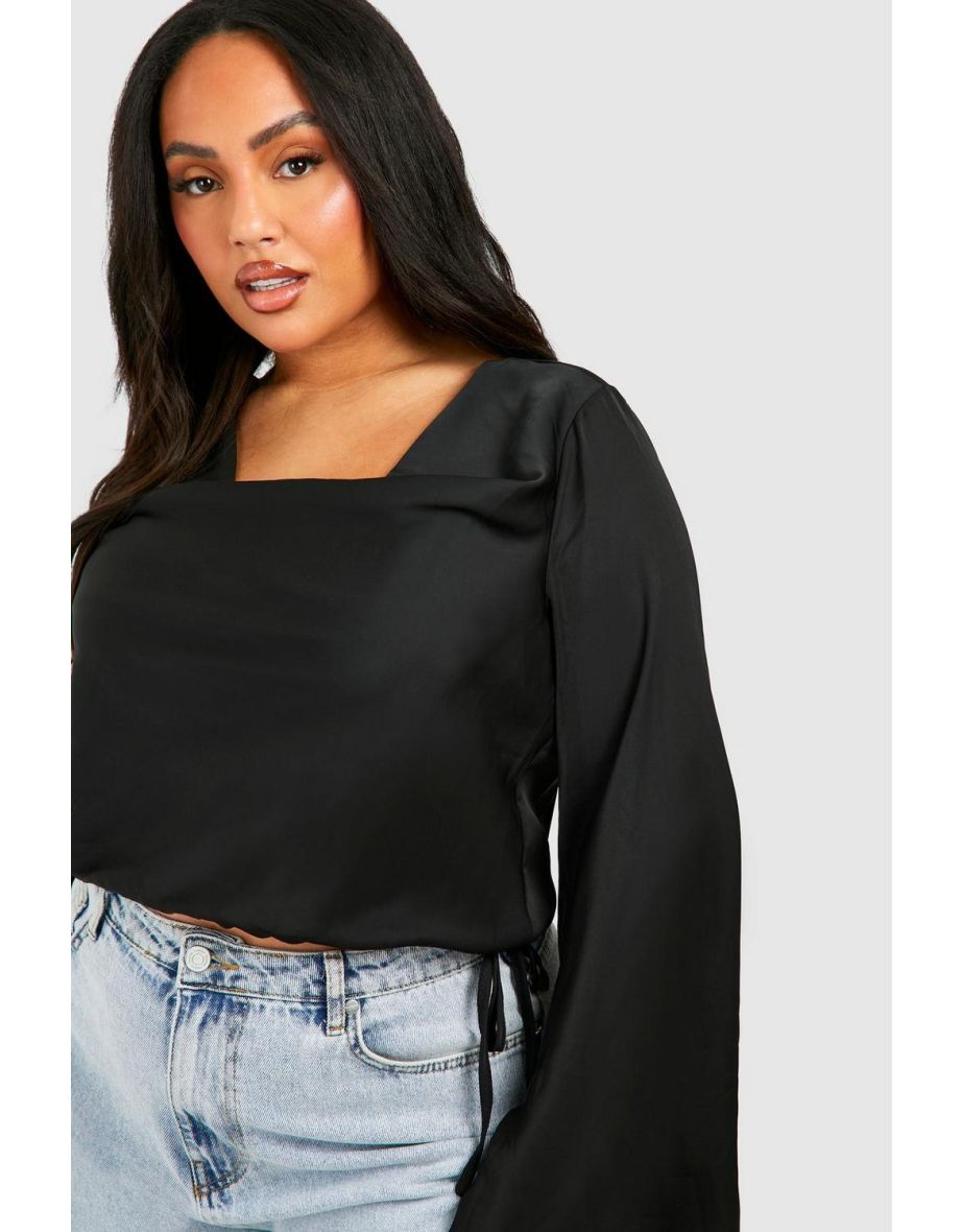Plus Cowl Flare Sleeve Blouse - black - 3