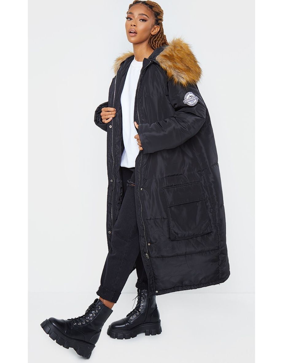 PRETTYLITTLETHING Recycled Black Maxi Hooded Parka Jacket