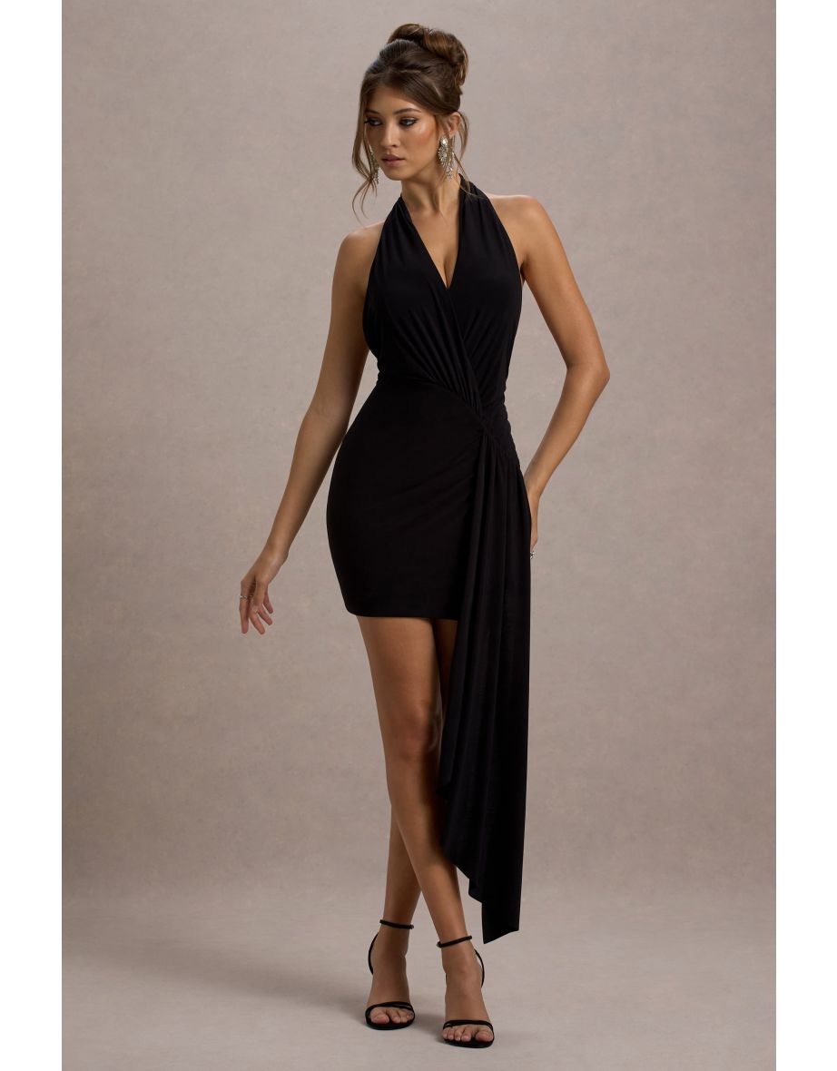 Sidney | Black Plunge-Neck Draped Wrap Mini Dress - 5